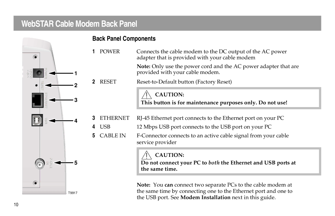 Scientific Atlanta DPX100, DPX120 manual WebSTAR Cable Modem Back Panel, Back Panel Components 