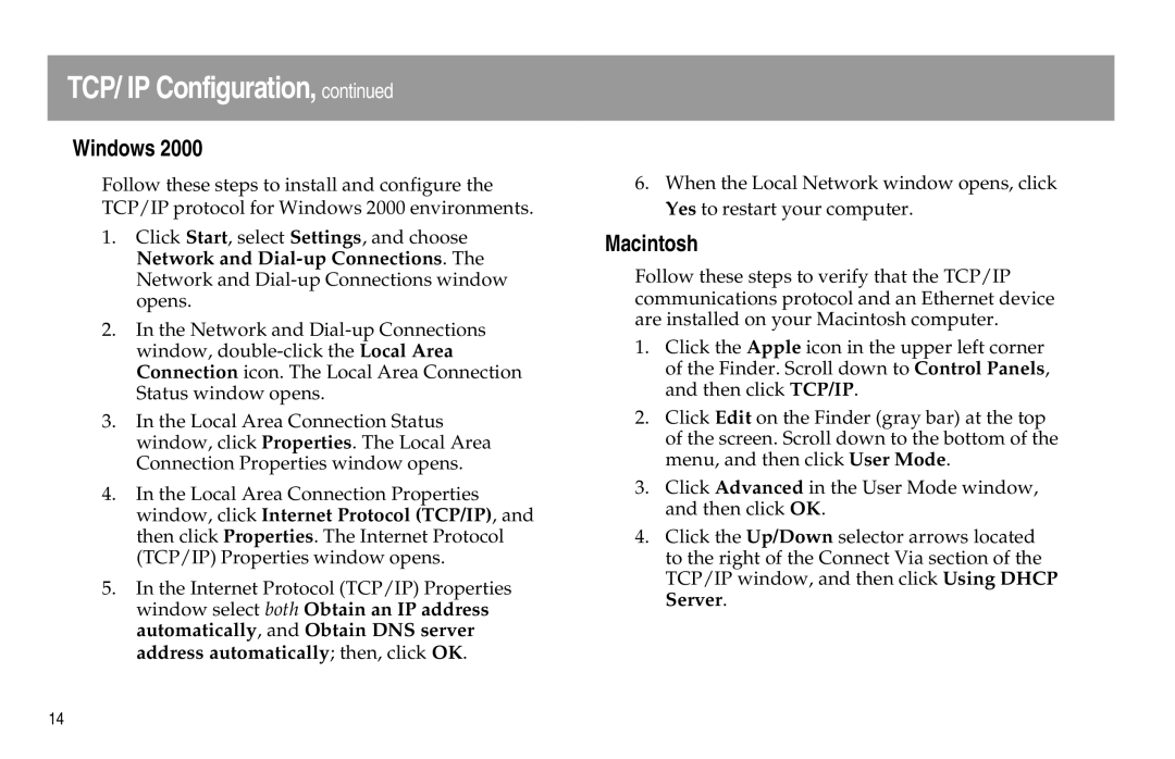 Scientific Atlanta DPX100, DPX120 manual TCP/ IP Configuration, Windows, Macintosh 