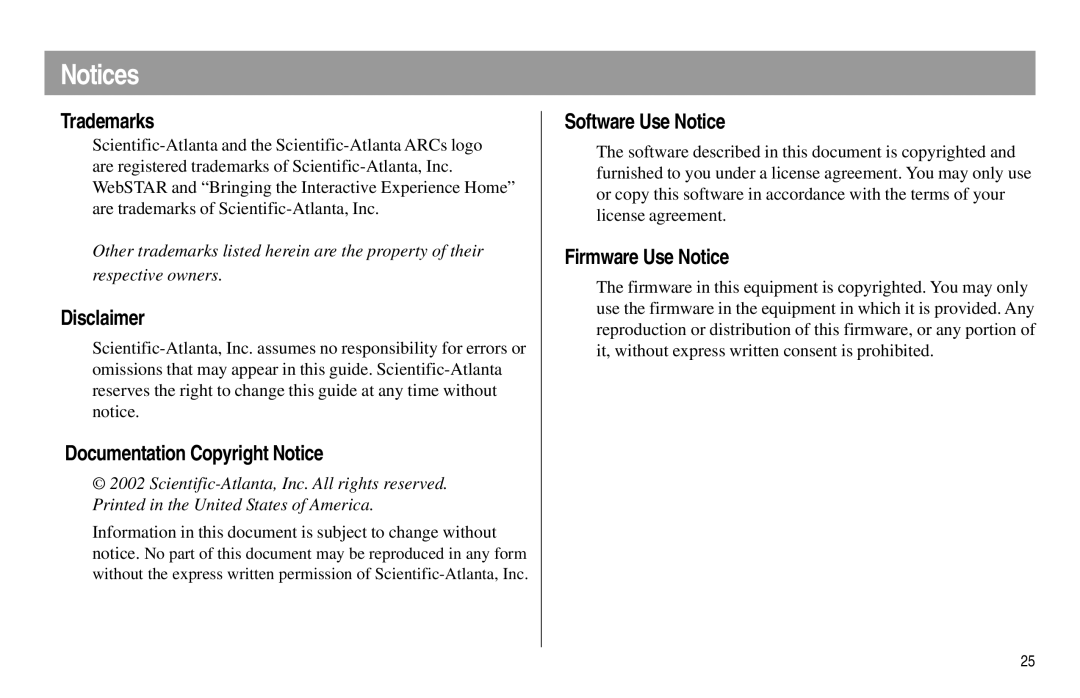 Scientific Atlanta DPX120 Trademarks, Disclaimer, Documentation Copyright Notice, Software Use Notice, Firmware Use Notice 