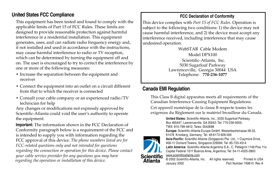 Scientific Atlanta DPX100, DPX120 manual United States FCC Compliance, Canada EMI Regulation, Telephone 