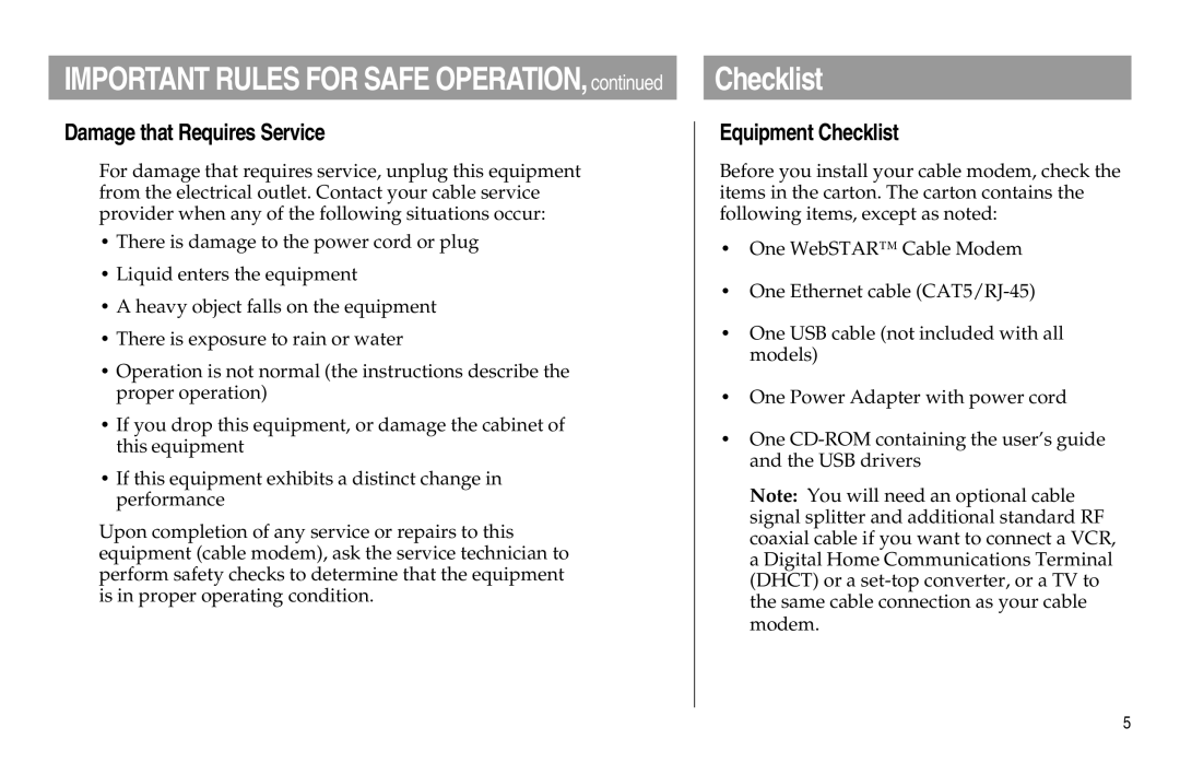 Scientific Atlanta DPX120, DPX100 manual Damage that Requires Service, Equipment Checklist 