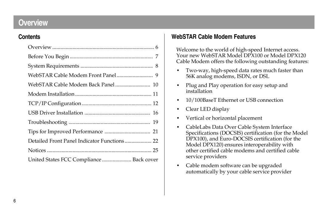 Scientific Atlanta DPX100, DPX120 manual Overview, Contents, WebSTAR Cable Modem Features 