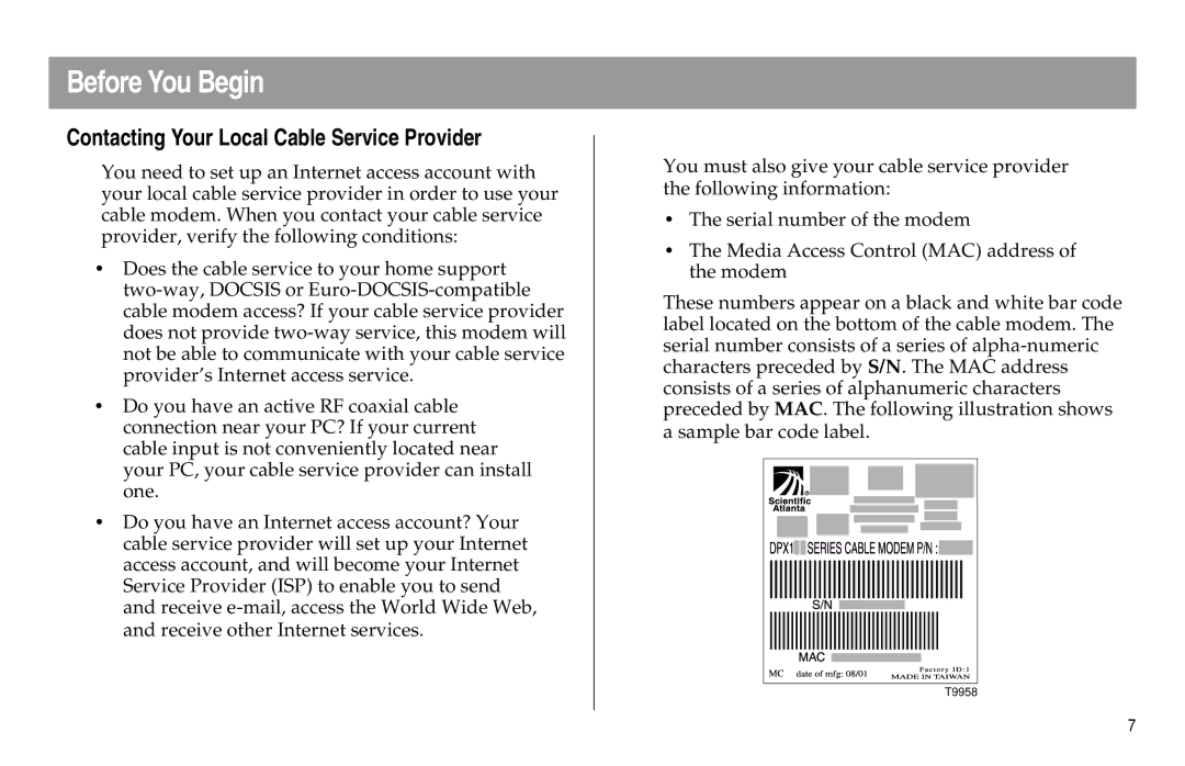 Scientific Atlanta DPX120, DPX100 manual Before You Begin, Contacting Your Local Cable Service Provider 