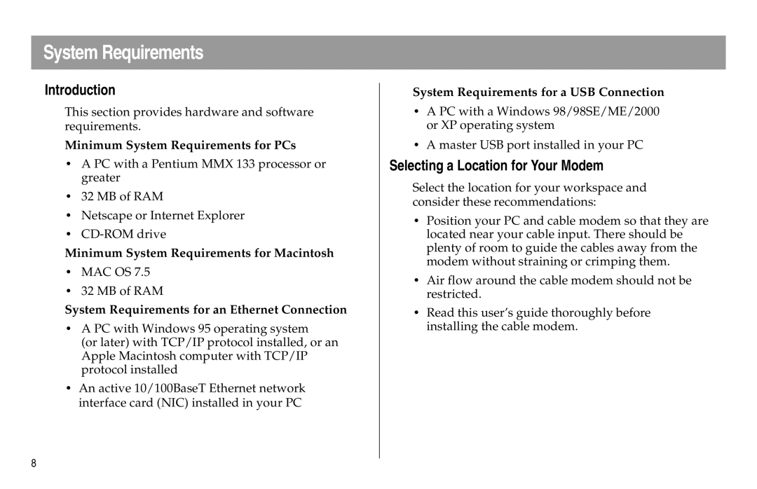 Scientific Atlanta DPX100, DPX120 manual System Requirements, Introduction, Selecting a Location for Your Modem 