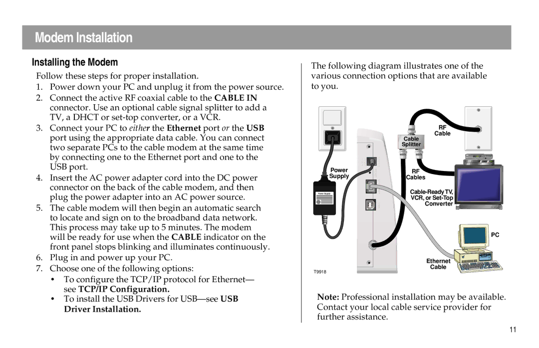 Scientific Atlanta DPX100 manual Modem Installation, Installing the Modem, See TCP/IP Configuration, Driver Installation 