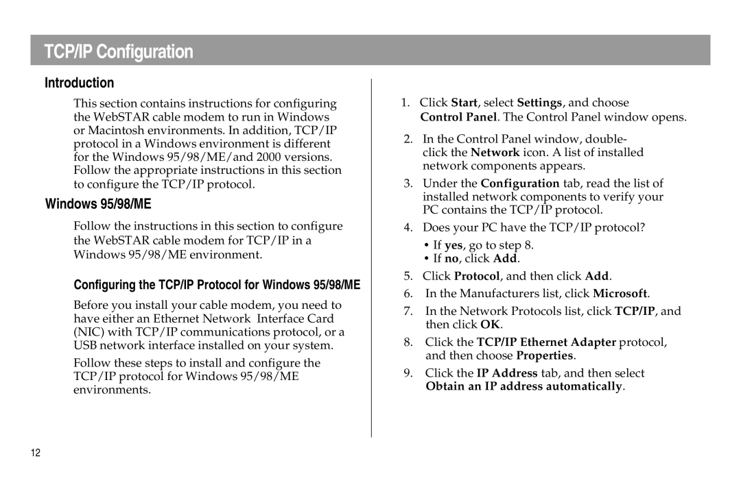 Scientific Atlanta DPX100 manual TCP/IP Configuration, Windows 95/98/ME 