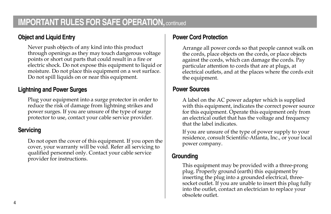 Scientific Atlanta DPX100 Object and Liquid Entry, Lightning and Power Surges, Servicing, Power Cord Protection, Grounding 