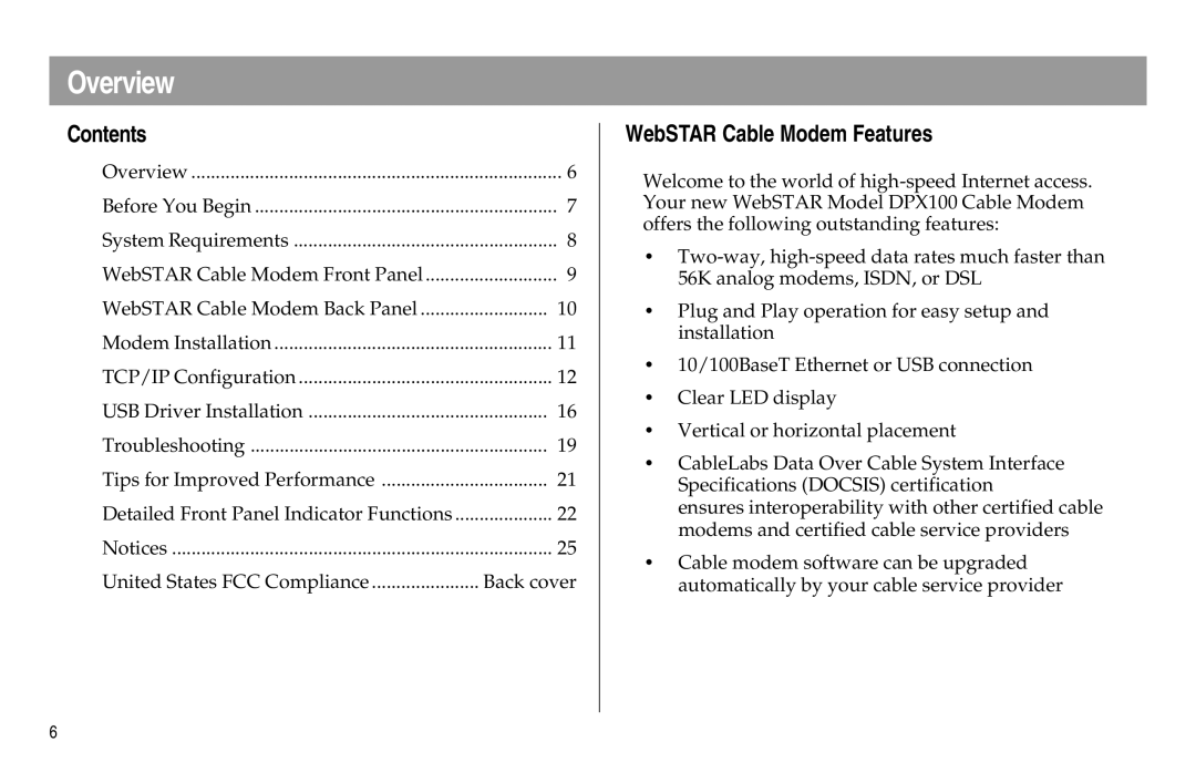 Scientific Atlanta DPX100 manual Overview, Contents, WebSTAR Cable Modem Features 