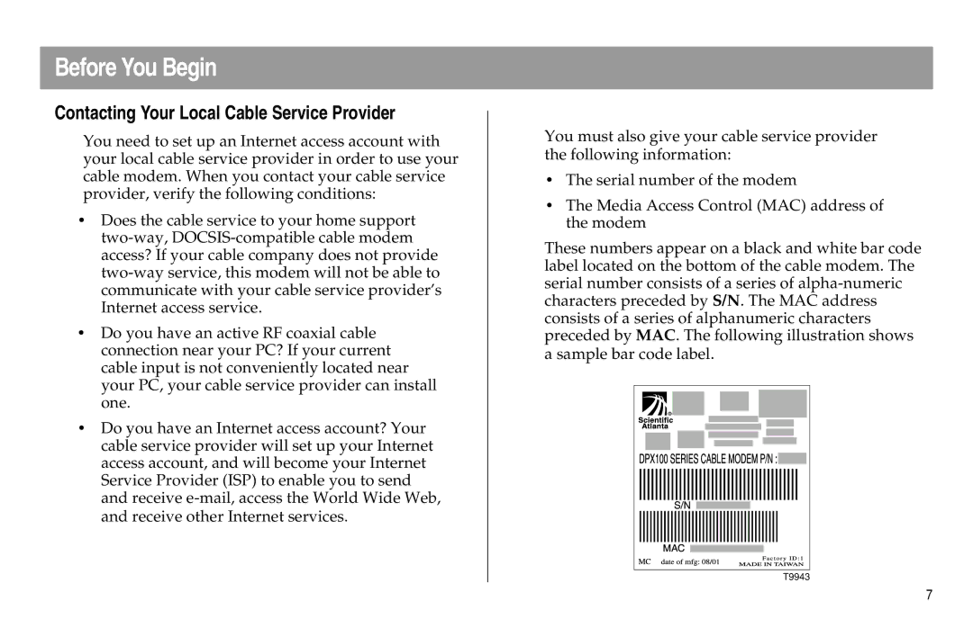 Scientific Atlanta DPX100 manual Before You Begin, Contacting Your Local Cable Service Provider 