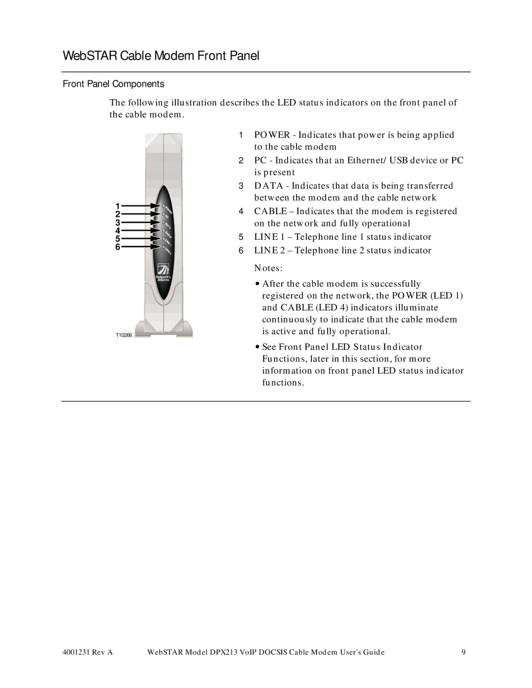 Scientific Atlanta DPX213 manual WebSTAR Cable Modem Front Panel, Front Panel Components 