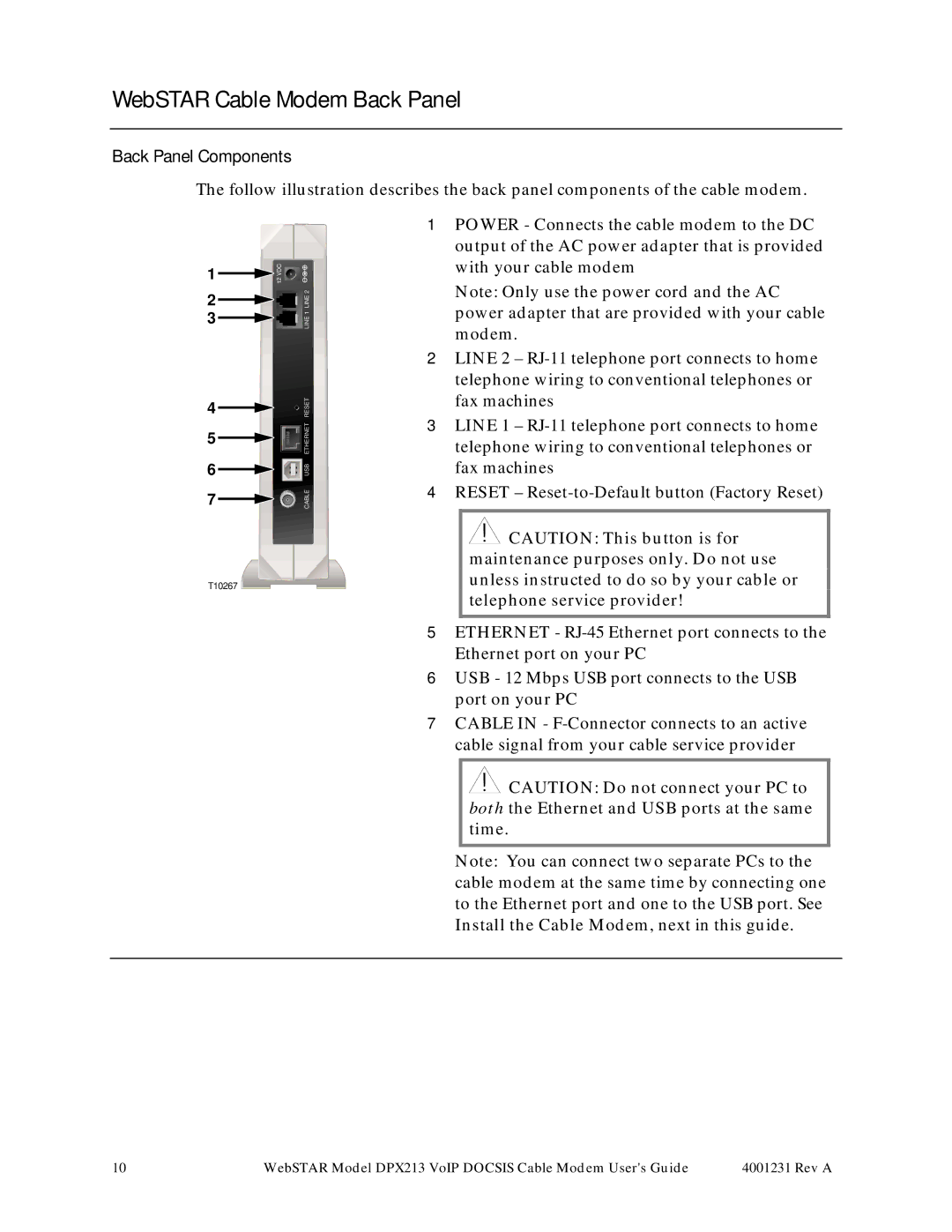 Scientific Atlanta DPX213 manual WebSTAR Cable Modem Back Panel, Back Panel Components 