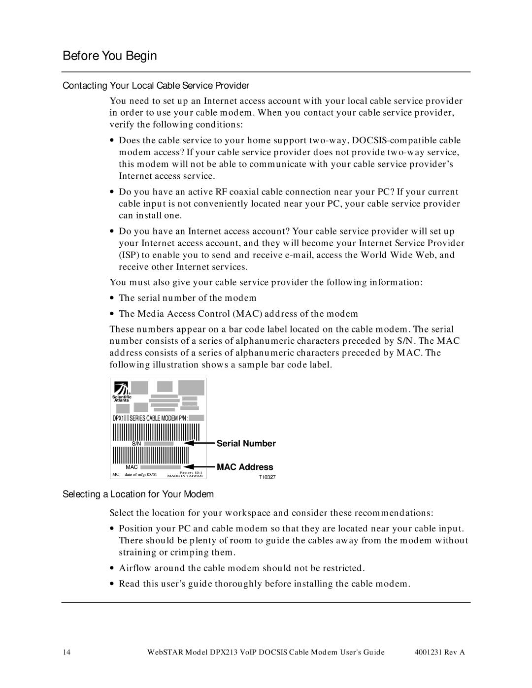 Scientific Atlanta DPX213 manual Before You Begin, Contacting Your Local Cable Service Provider 