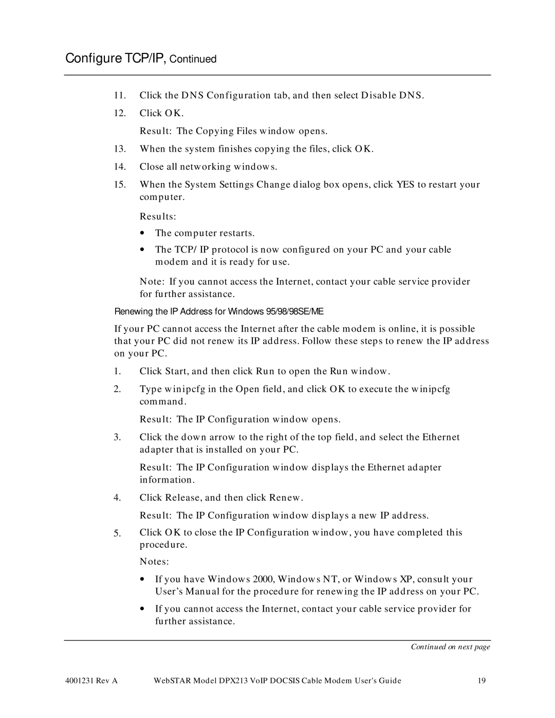 Scientific Atlanta DPX213 manual Results, Renewing the IP Address for Windows 95/98/98SE/ME 