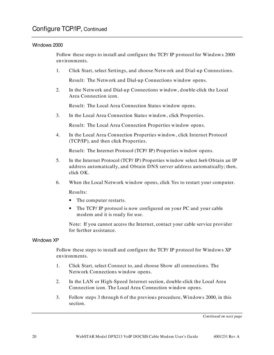 Scientific Atlanta DPX213 manual Windows XP 