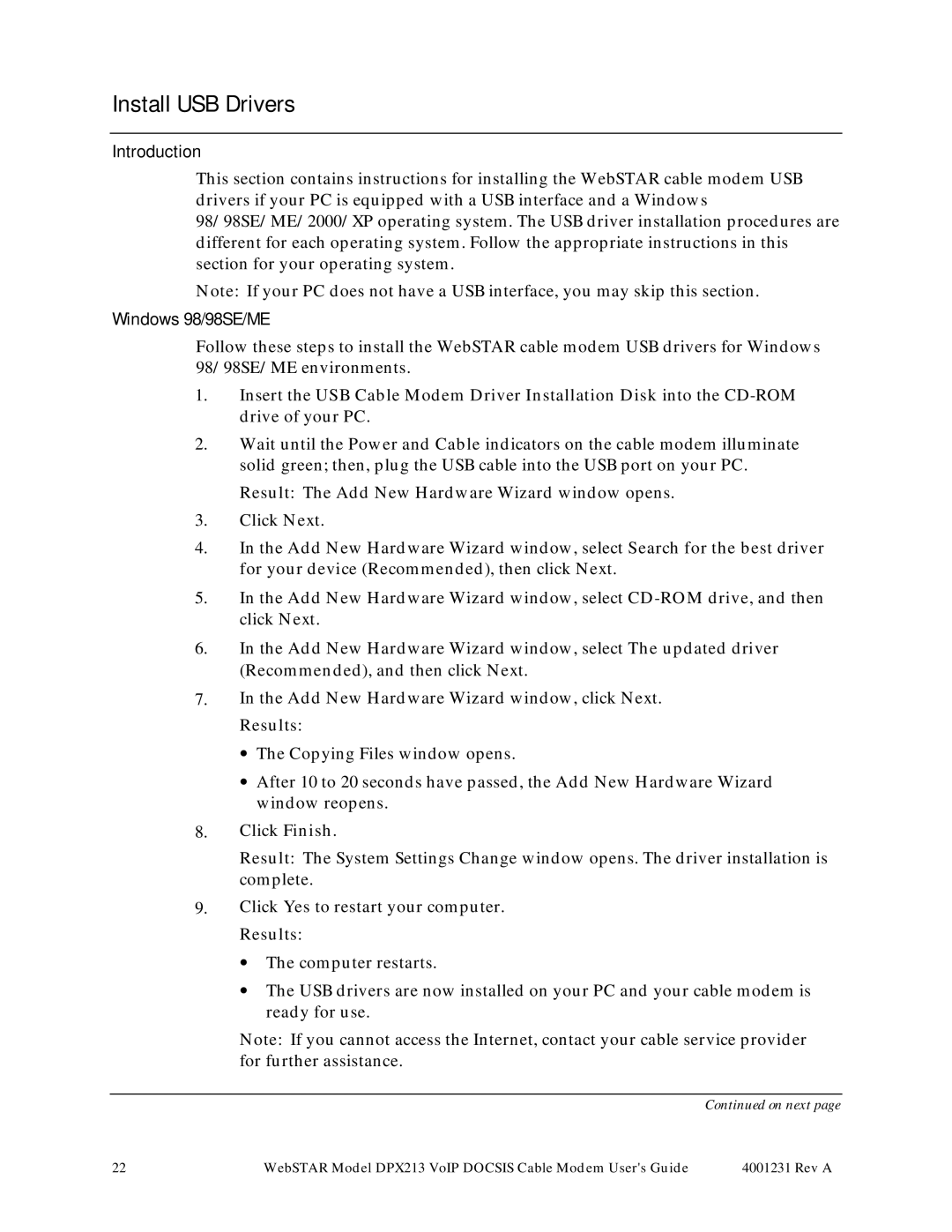 Scientific Atlanta DPX213 manual Install USB Drivers, Windows 98/98SE/ME 