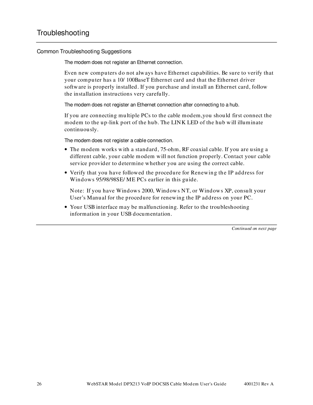 Scientific Atlanta DPX213 manual Common Troubleshooting Suggestions, Modem does not register an Ethernet connection 