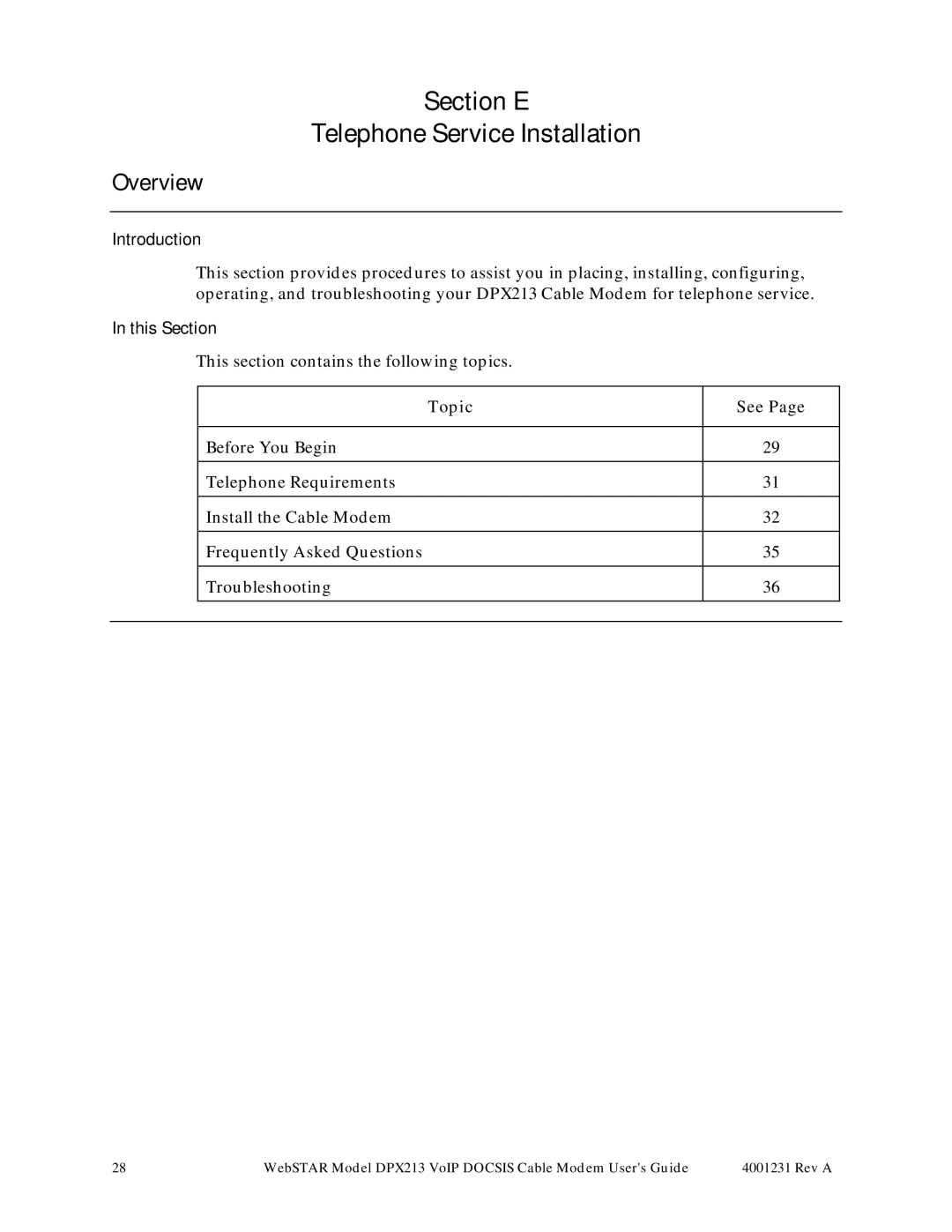 Scientific Atlanta DPX213 manual Section E Telephone Service Installation 