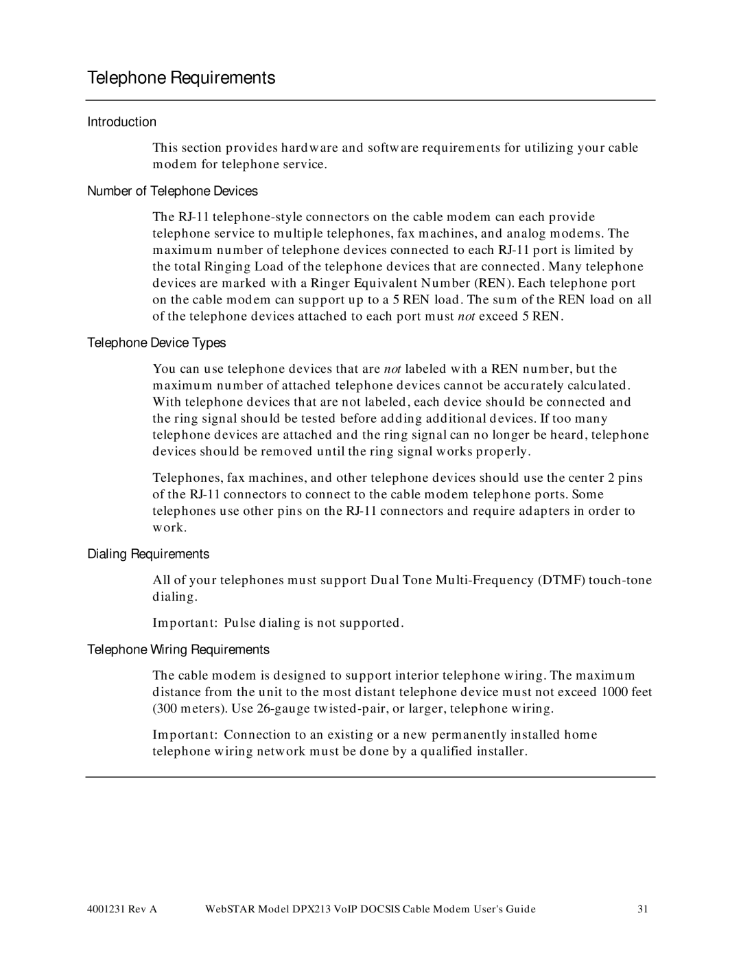 Scientific Atlanta DPX213 manual Telephone Requirements, Number of Telephone Devices, Telephone Device Types 