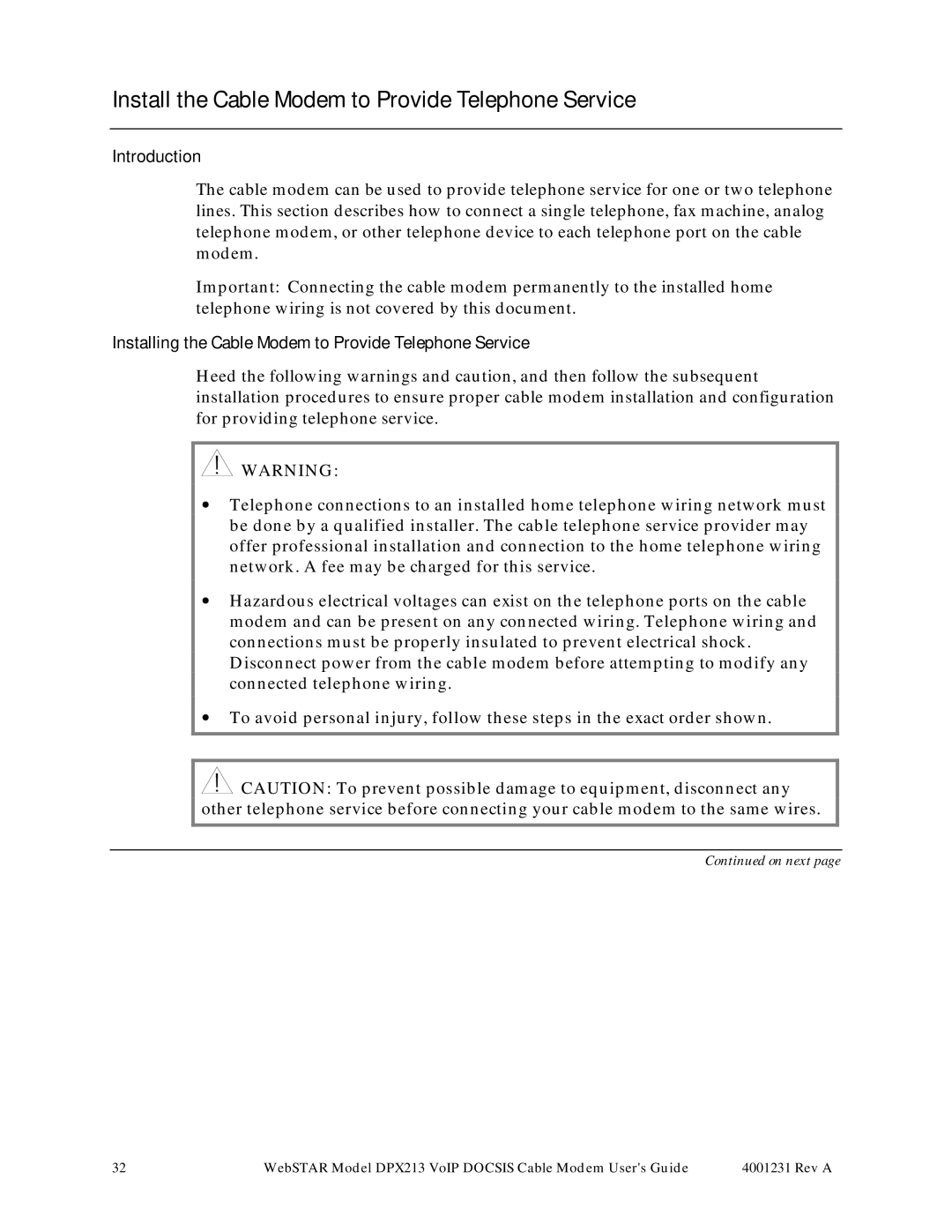 Scientific Atlanta DPX213 manual Install the Cable Modem to Provide Telephone Service 