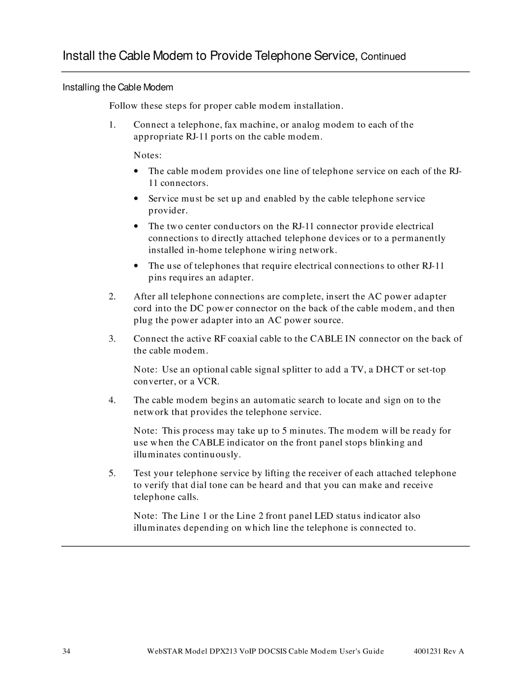 Scientific Atlanta DPX213 manual Installing the Cable Modem 