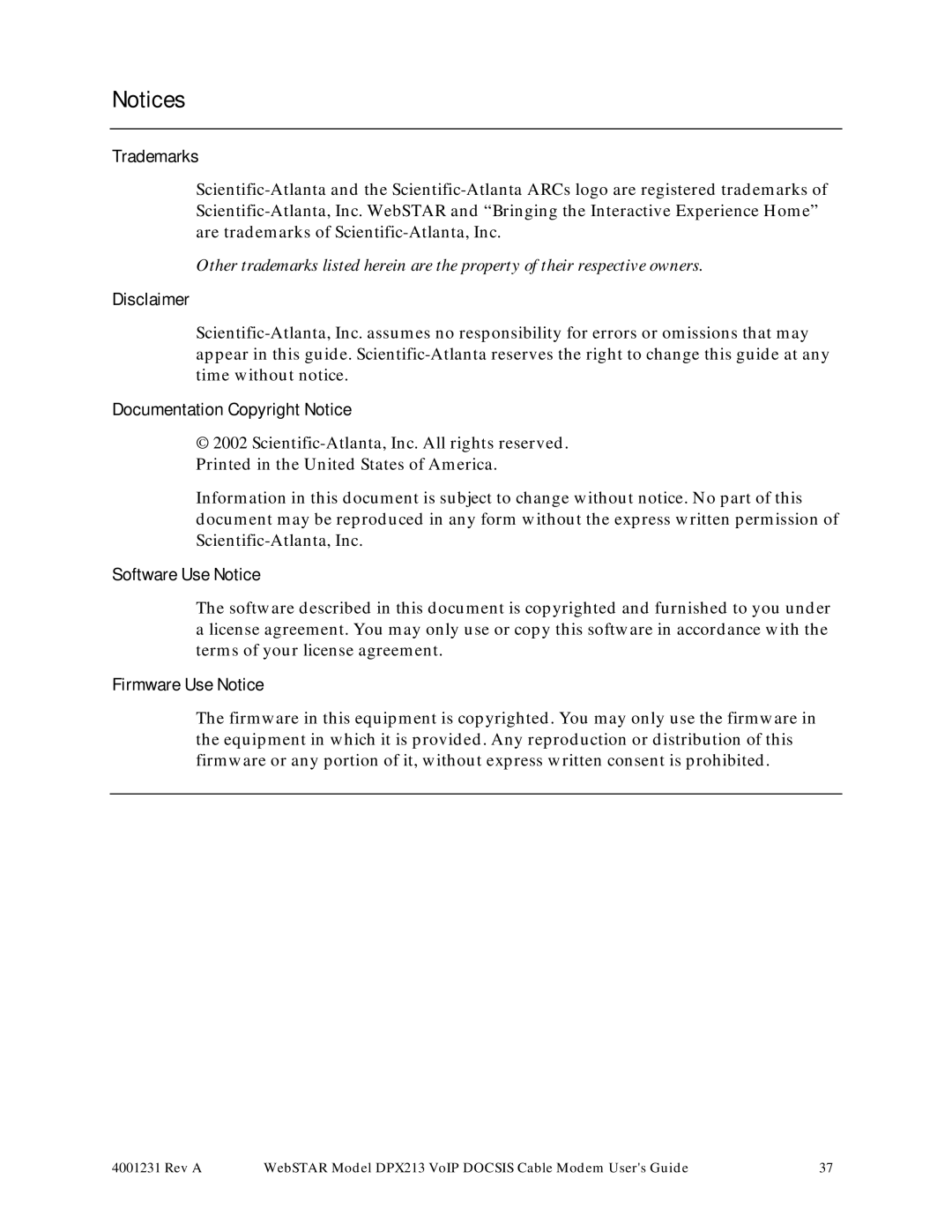 Scientific Atlanta DPX213 Trademarks, Disclaimer, Documentation Copyright Notice, Software Use Notice, Firmware Use Notice 