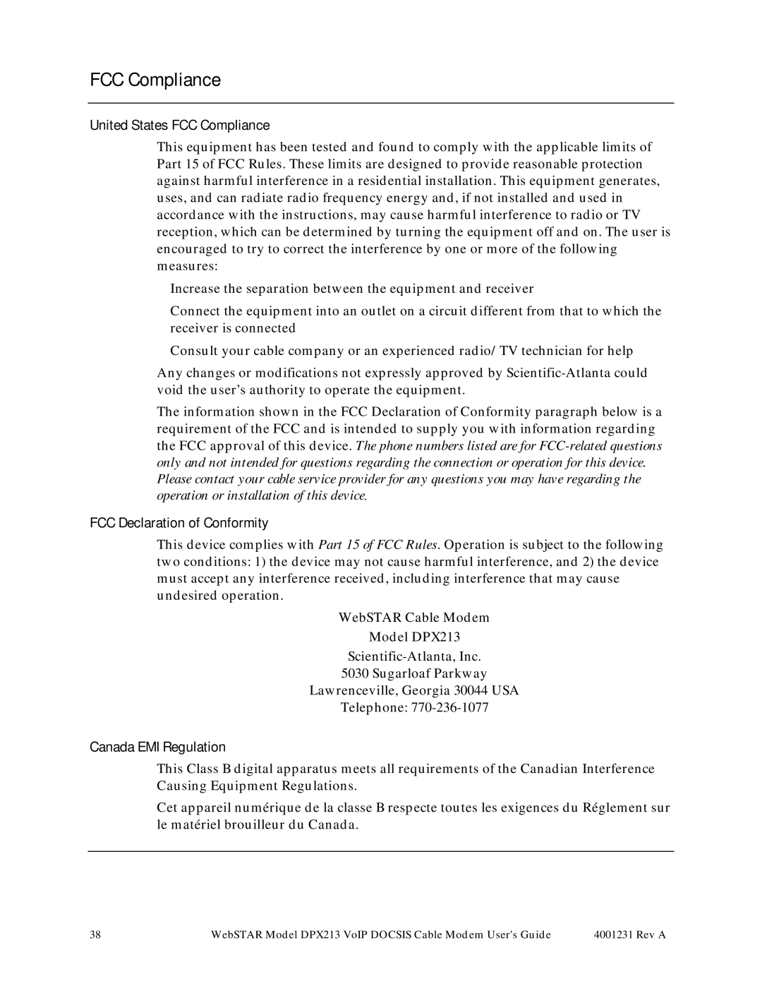 Scientific Atlanta DPX213 manual United States FCC Compliance, FCC Declaration of Conformity, Canada EMI Regulation 