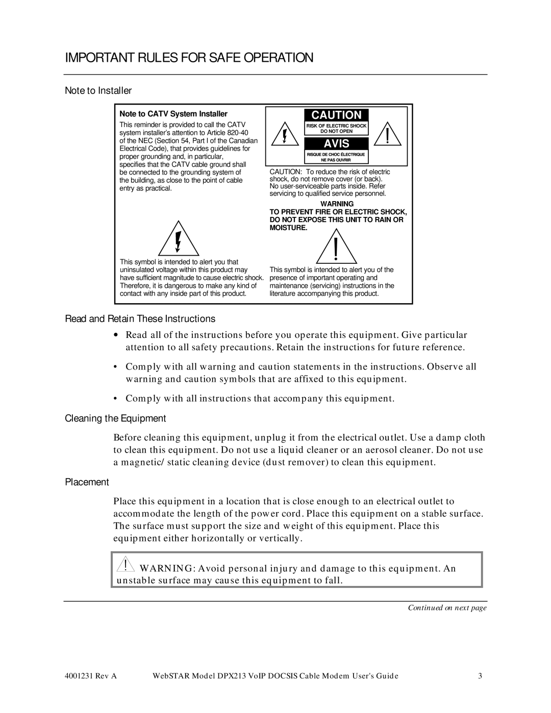 Scientific Atlanta DPX213 manual Read and Retain These Instructions, Cleaning the Equipment, Placement 