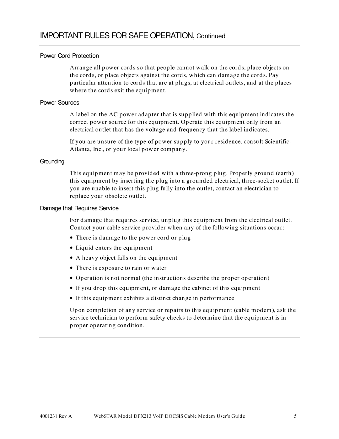 Scientific Atlanta DPX213 manual Power Cord Protection, Power Sources, Grounding, Damage that Requires Service 