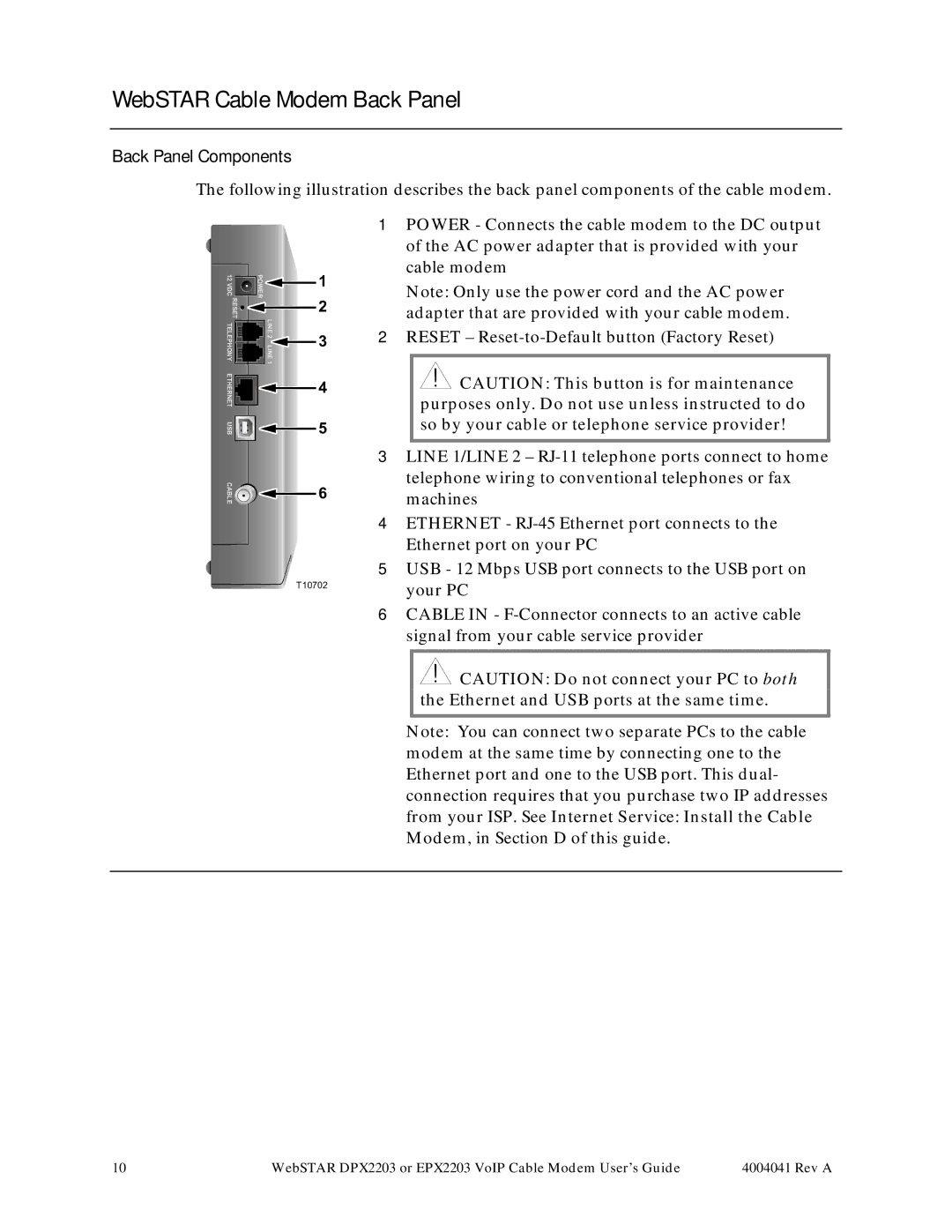 Scientific Atlanta EPX2203, DPX2203 manual WebSTAR Cable Modem Back Panel, Back Panel Components 