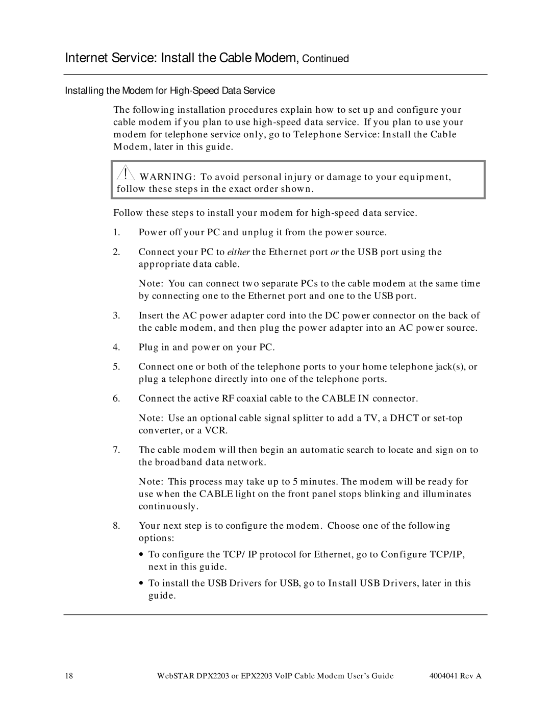 Scientific Atlanta EPX2203, DPX2203 manual Installing the Modem for High-Speed Data Service 