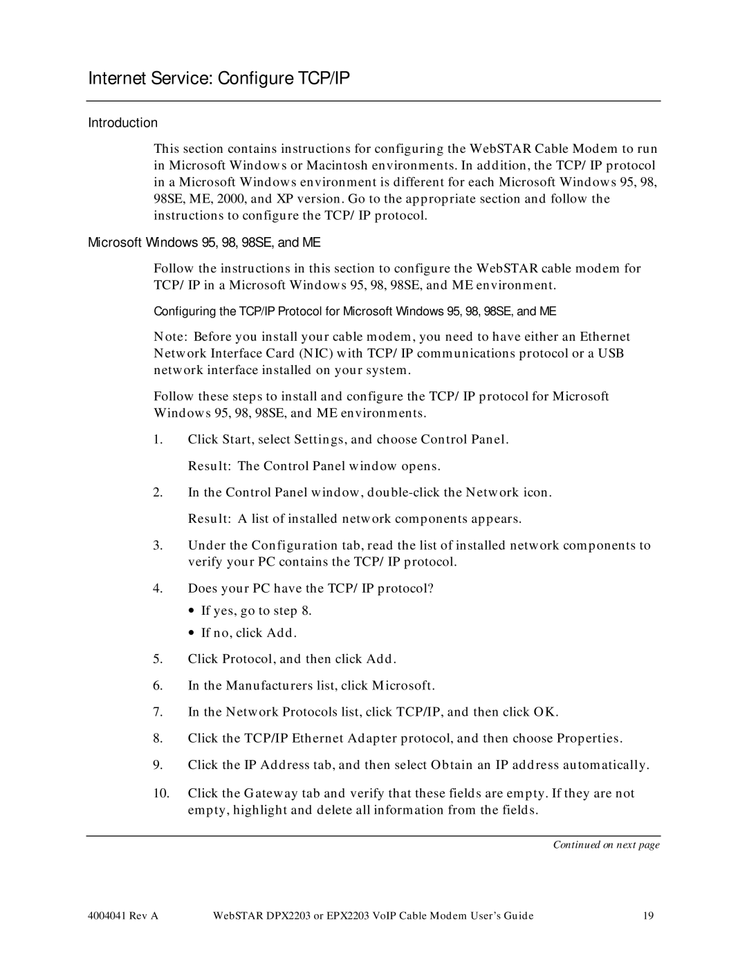 Scientific Atlanta DPX2203, EPX2203 manual Internet Service Configure TCP/IP, Microsoft Windows 95, 98, 98SE, and ME 