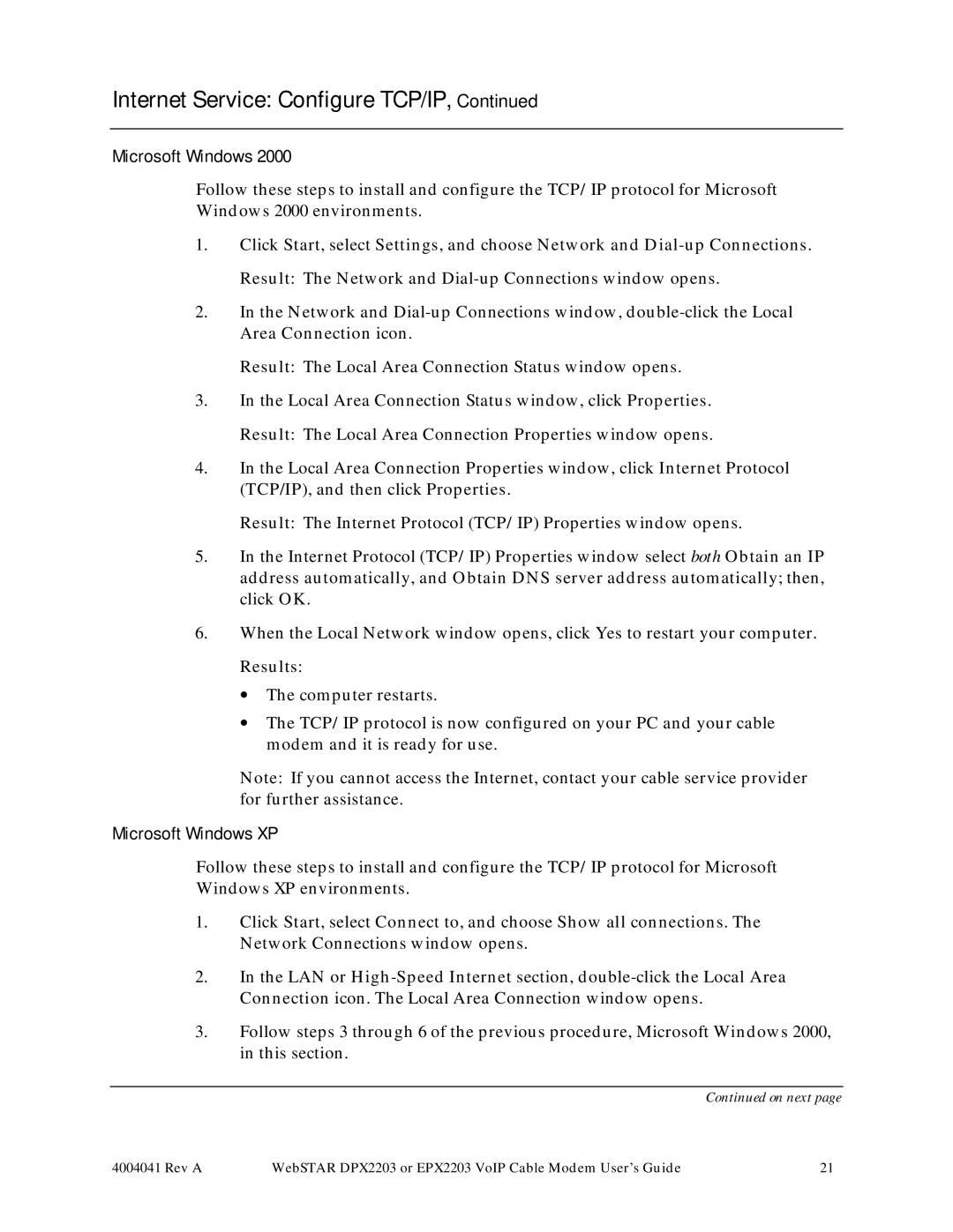 Scientific Atlanta DPX2203, EPX2203 manual Microsoft Windows XP 