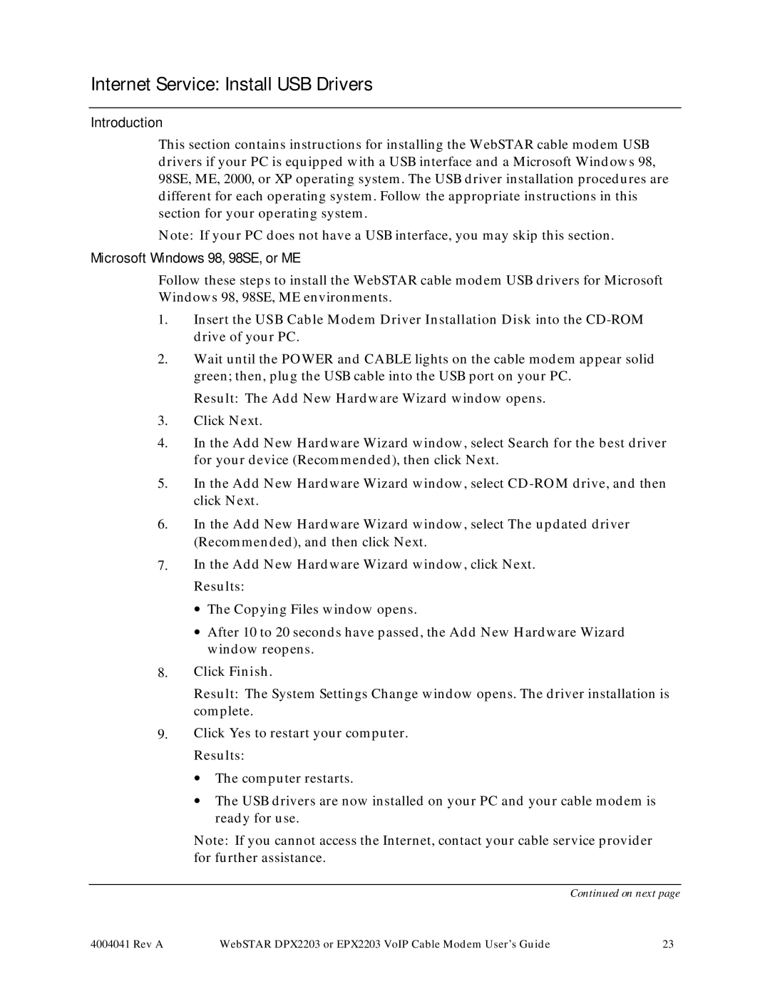 Scientific Atlanta DPX2203, EPX2203 manual Internet Service Install USB Drivers, Microsoft Windows 98, 98SE, or ME 