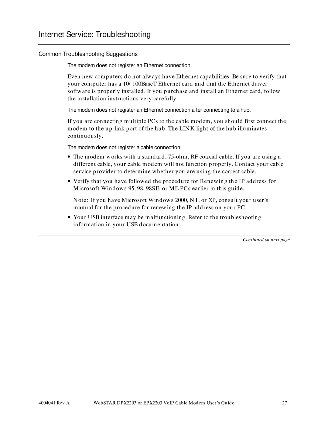 Scientific Atlanta DPX2203, EPX2203 manual Internet Service Troubleshooting, Common Troubleshooting Suggestions 