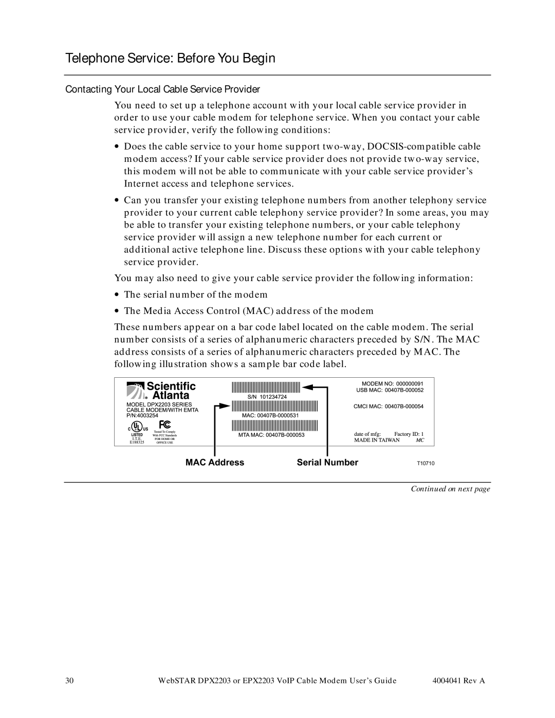 Scientific Atlanta EPX2203, DPX2203 manual Telephone Service Before You Begin, Contacting Your Local Cable Service Provider 