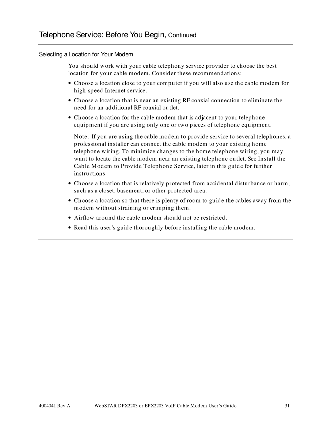 Scientific Atlanta DPX2203, EPX2203 manual Selecting a Location for Your Modem 