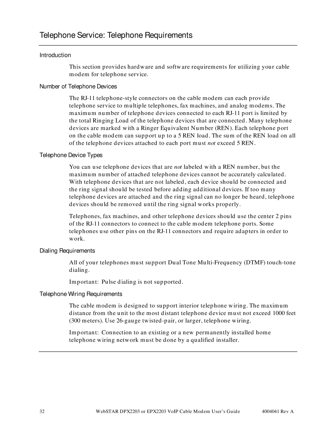 Scientific Atlanta EPX2203 Telephone Service Telephone Requirements, Number of Telephone Devices, Telephone Device Types 