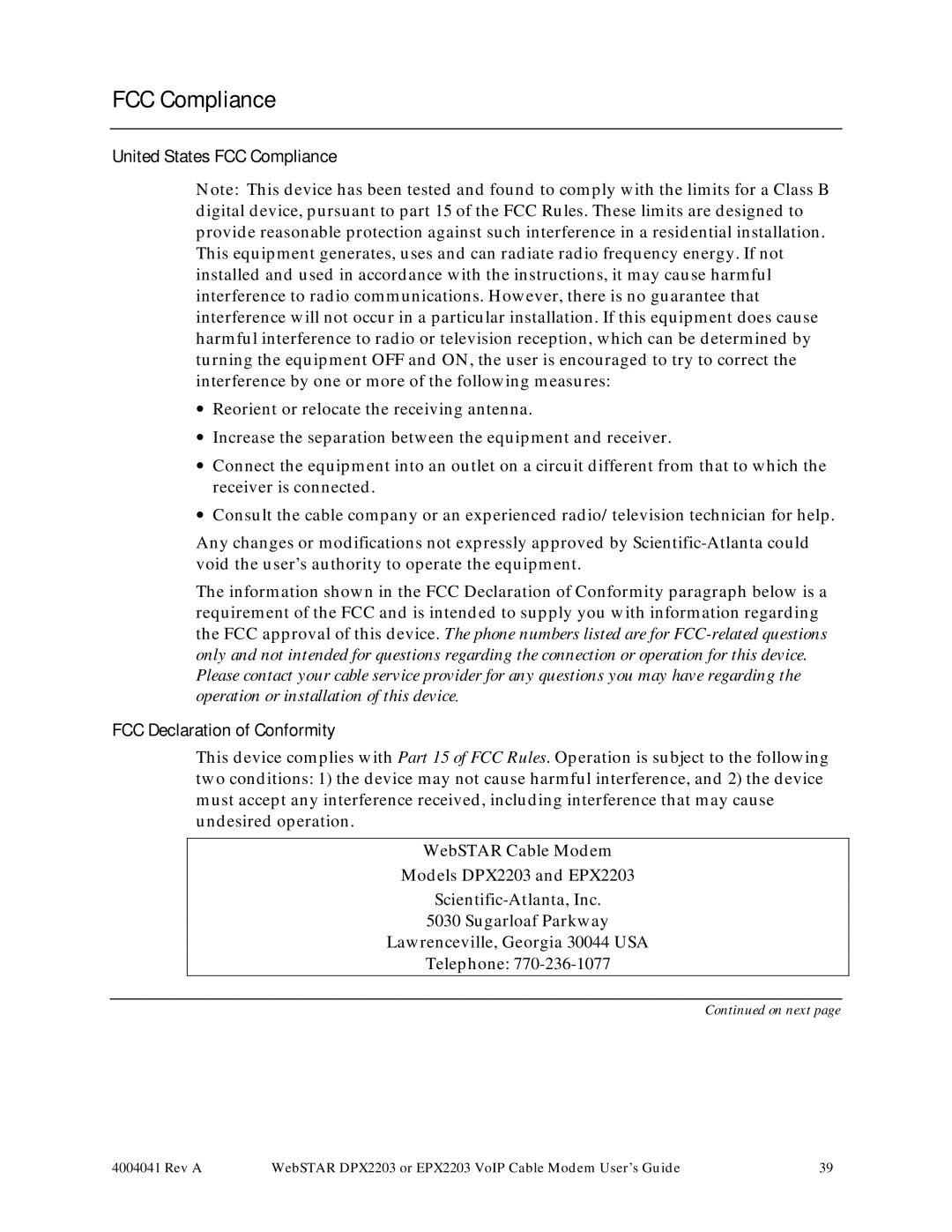 Scientific Atlanta DPX2203, EPX2203 manual United States FCC Compliance, FCC Declaration of Conformity 