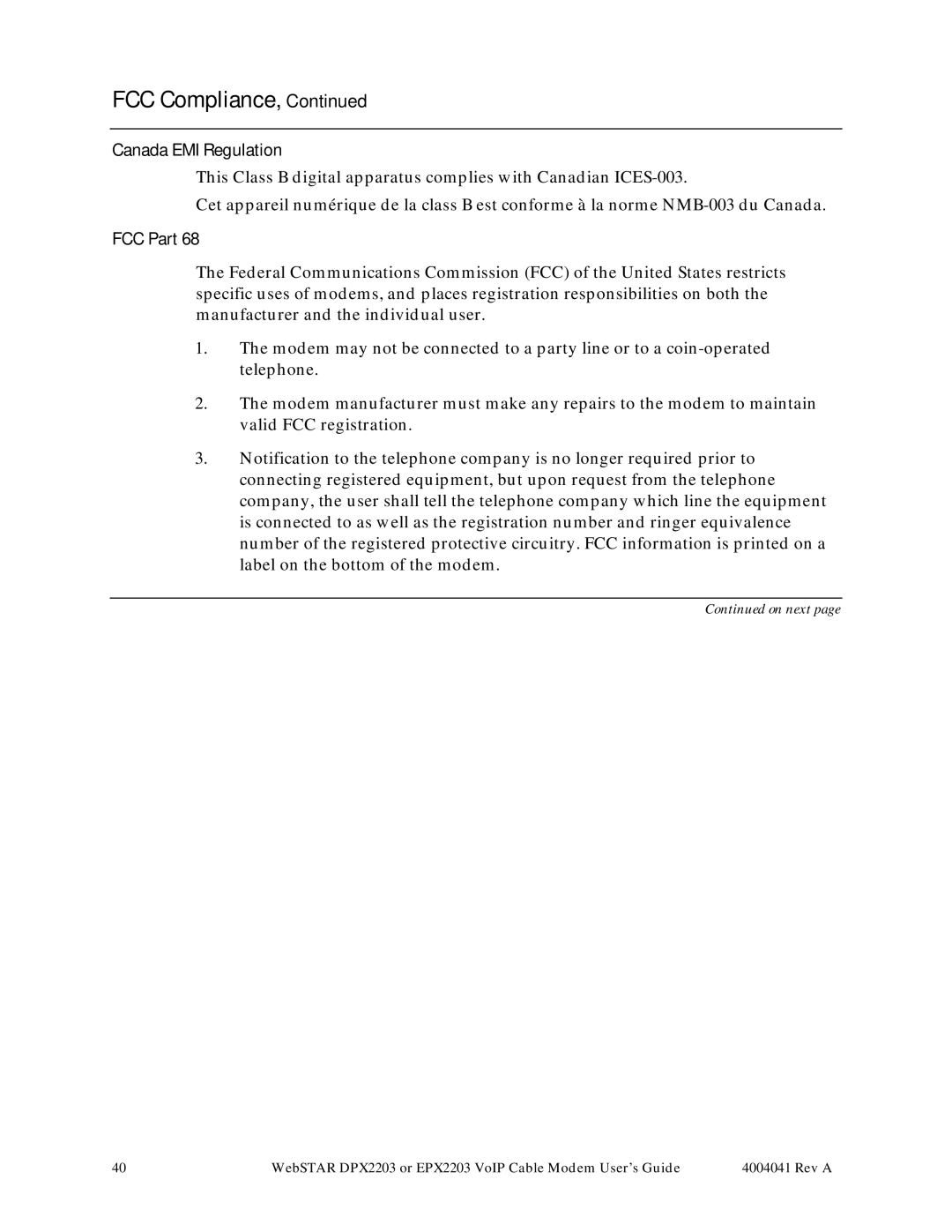 Scientific Atlanta EPX2203, DPX2203 manual Canada EMI Regulation, FCC Part 