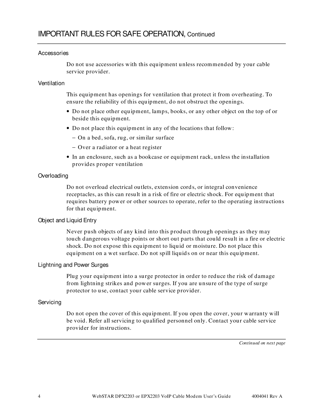 Scientific Atlanta EPX2203, DPX2203 manual Important Rules for Safe Operation 