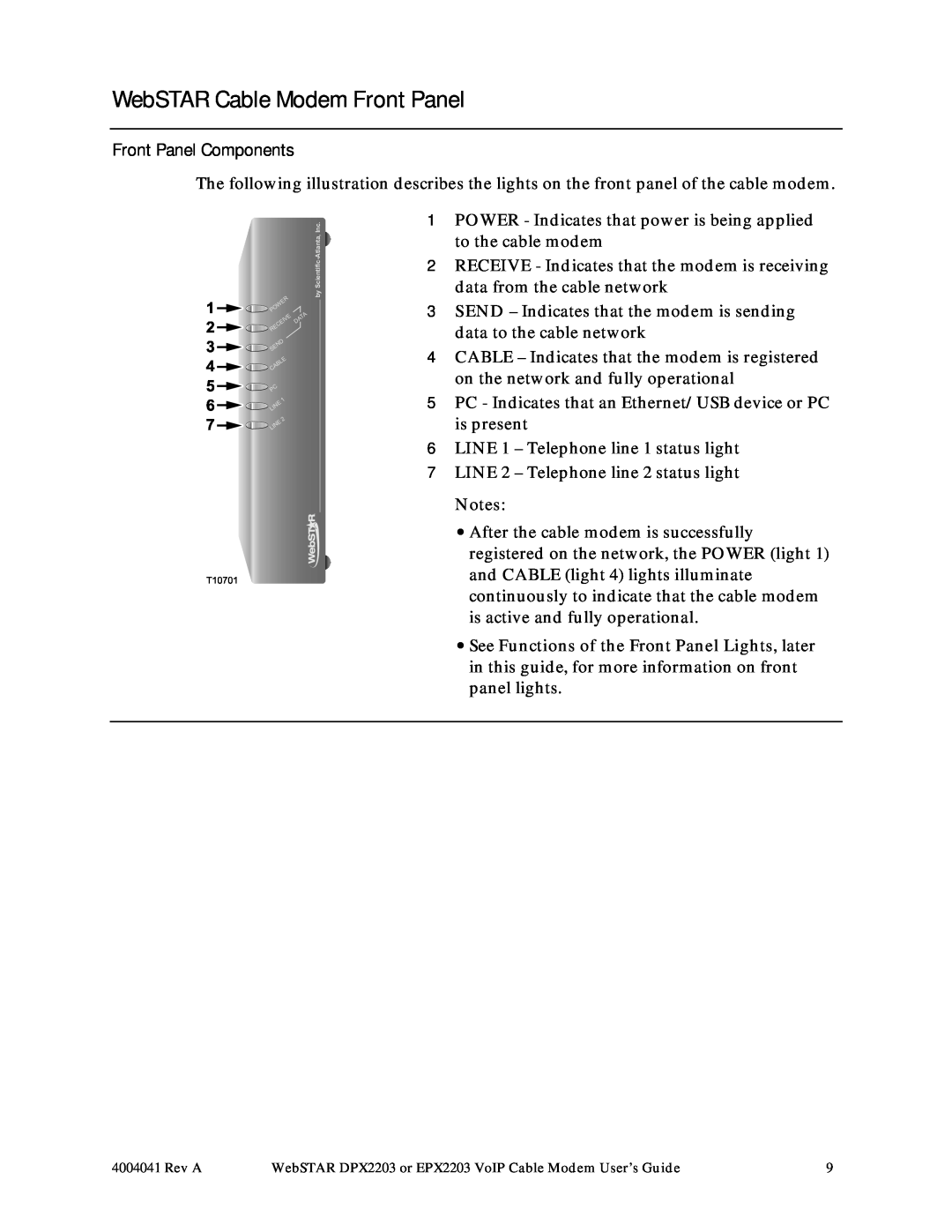 Scientific Atlanta DPX2203, EPX2203 manual WebSTAR Cable Modem Front Panel, Front Panel Components 