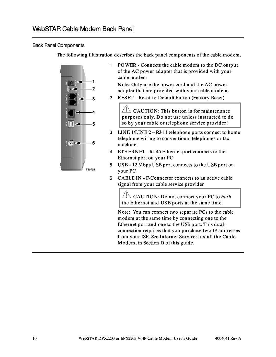 Scientific Atlanta EPX2203, DPX2203 manual WebSTAR Cable Modem Back Panel, Back Panel Components 