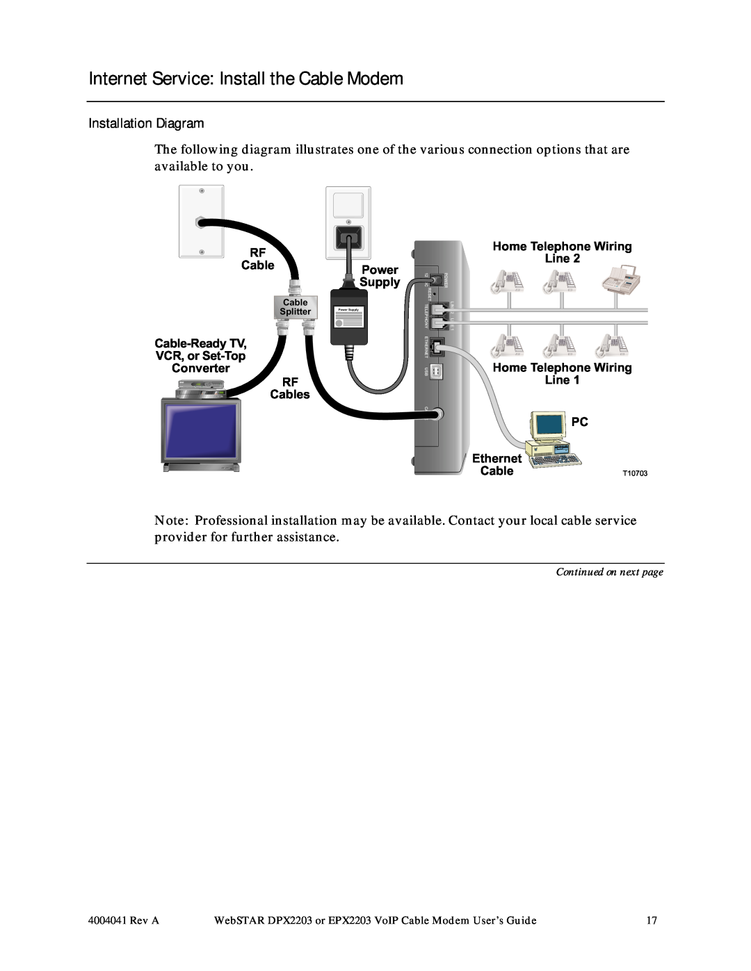 Scientific Atlanta DPX2203, EPX2203 manual Internet Service Install the Cable Modem, Installation Diagram 
