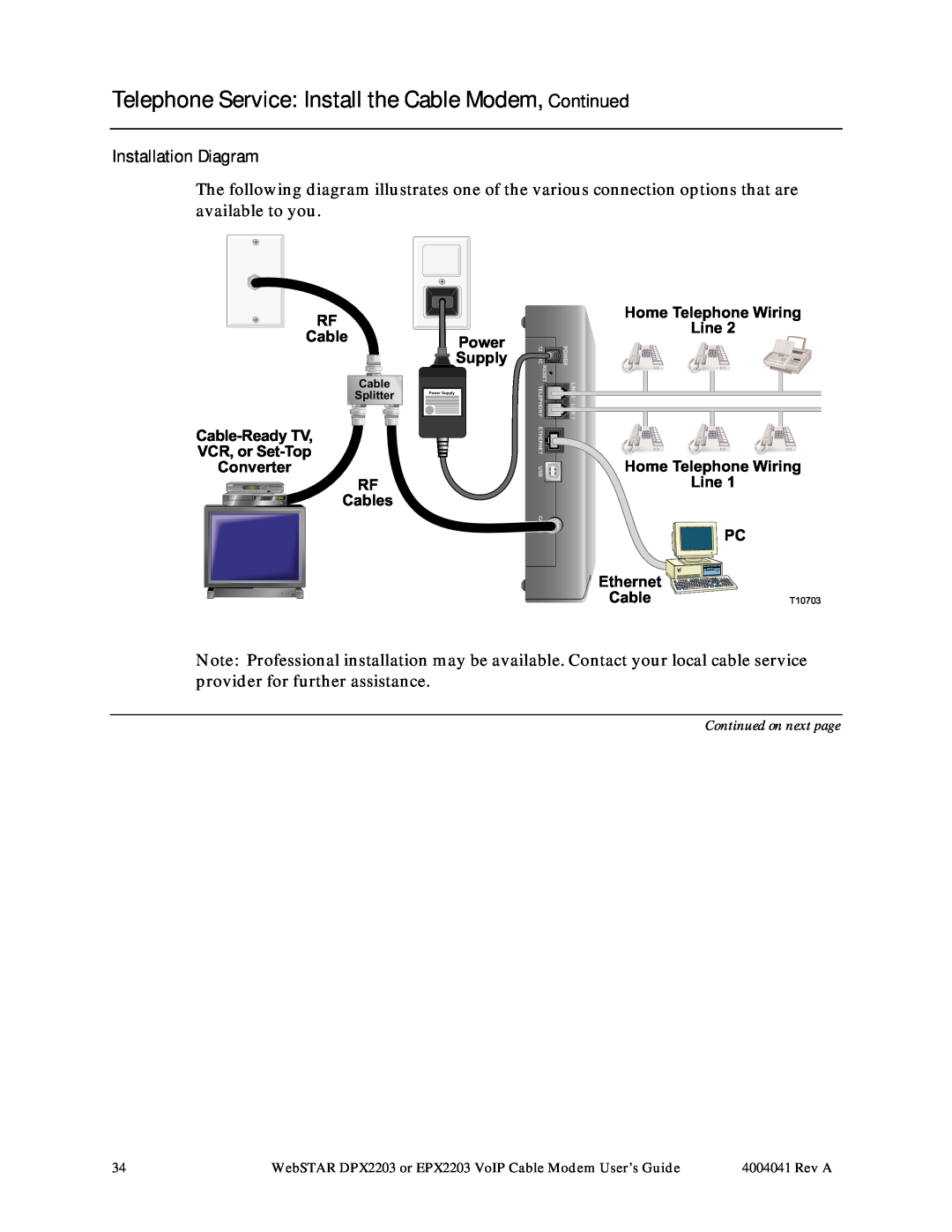 Scientific Atlanta EPX2203, DPX2203 manual Telephone Service Install the Cable Modem, Continued, Installation Diagram 