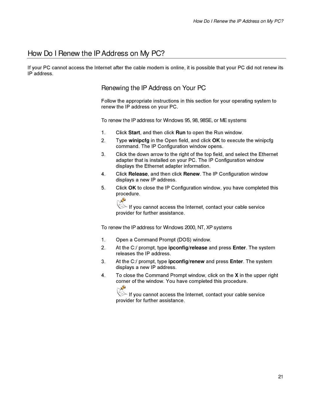 Scientific Atlanta DPC2100, EPC2100 How Do I Renew the IP Address on My PC?, Renewing the IP Address on Your PC 