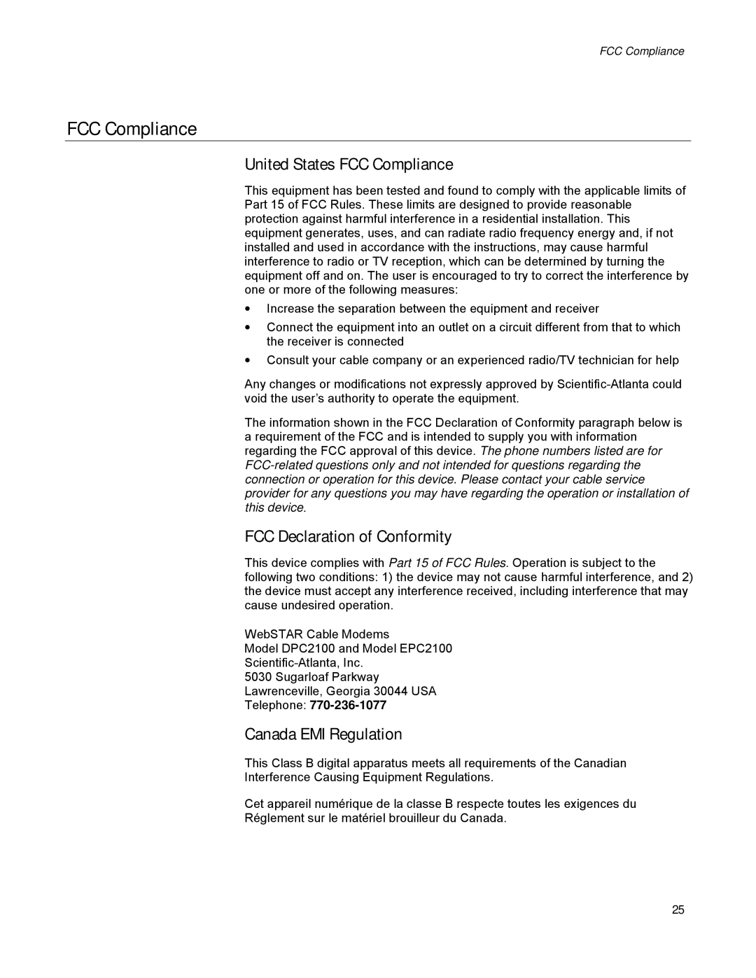 Scientific Atlanta DPC2100, EPC2100 United States FCC Compliance, FCC Declaration of Conformity, Canada EMI Regulation 