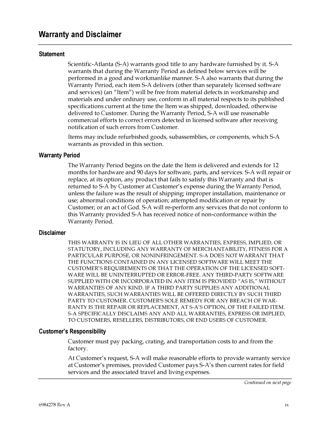 Scientific Atlanta Power Supply Unit manual Warranty and Disclaimer, Statement, Warranty Period, Customer’s Responsibility 