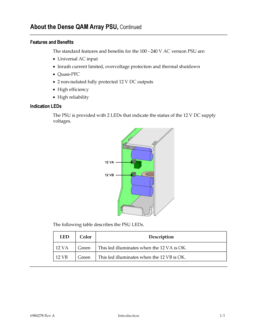 Scientific Atlanta Power Supply Unit manual Features and Benefits, Indication LEDs 