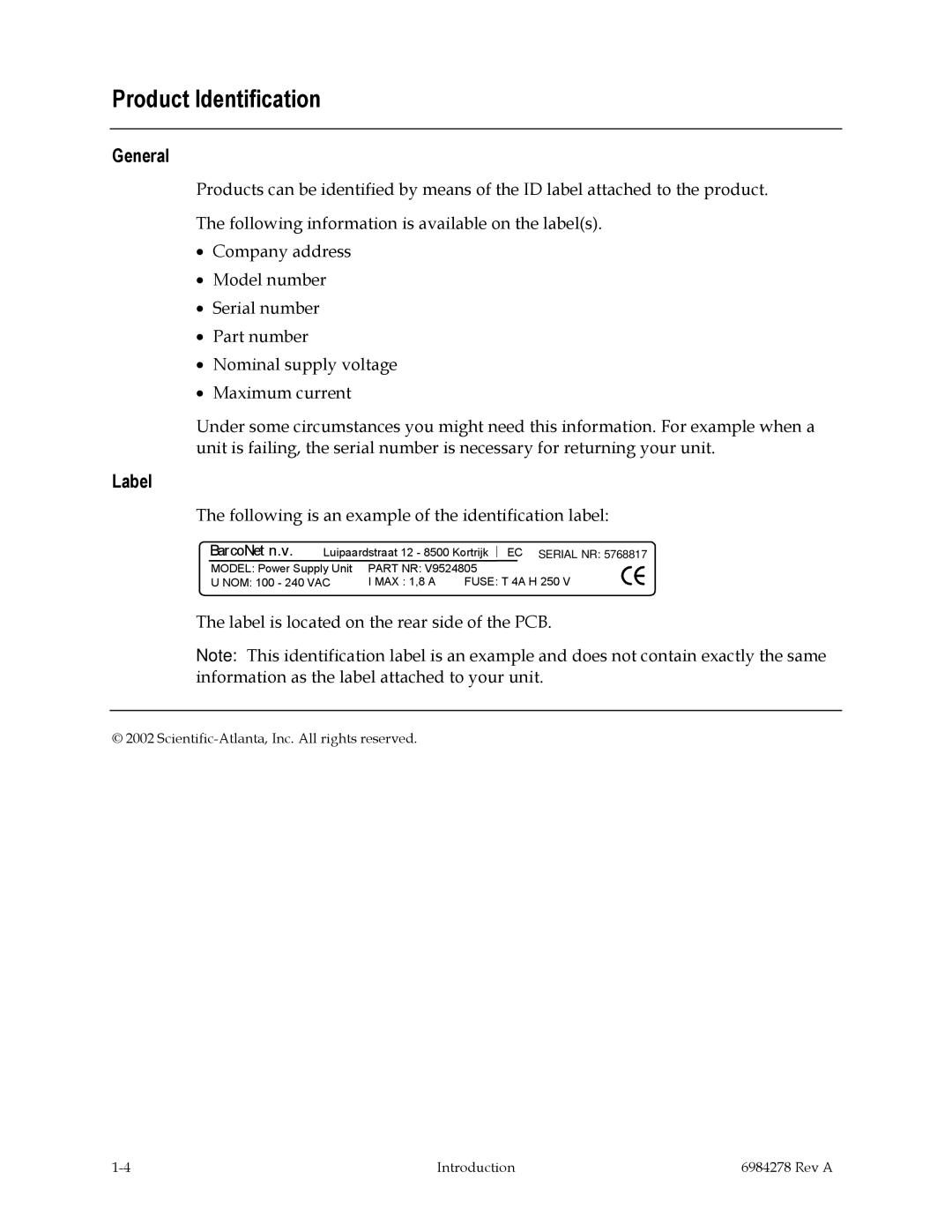 Scientific Atlanta Power Supply Unit manual Product Identification, Label 