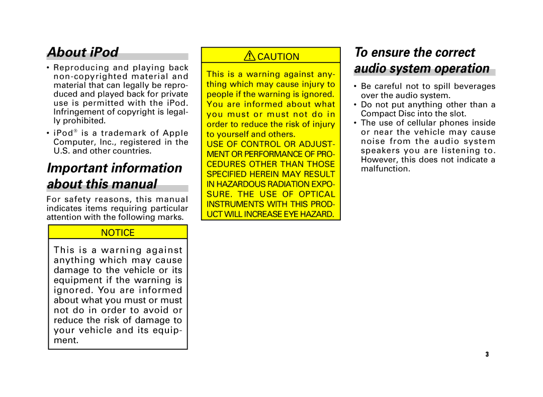 Scion AM/FM/CD Player About iPod, Important information about this manual 